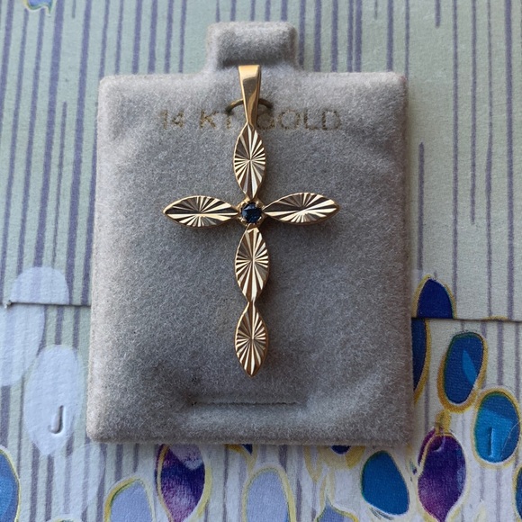 Jewelry - 14Kt Gold ❤️ Cross with Blue Sapphire Chip